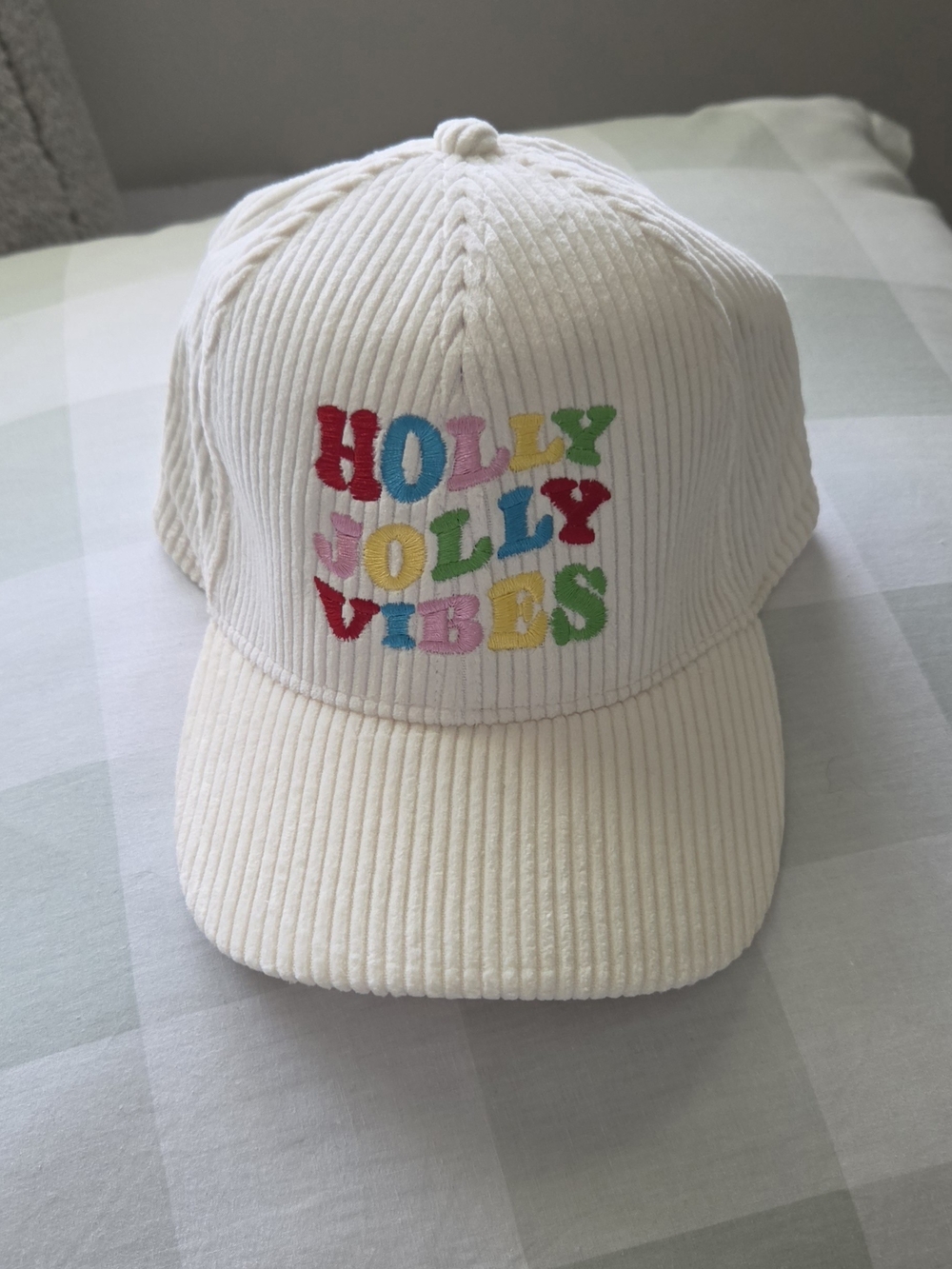 Womens Corduroy Cap with Multicolor 'Holly Jolly Vibes' Embroidery - Picture 3 of 6